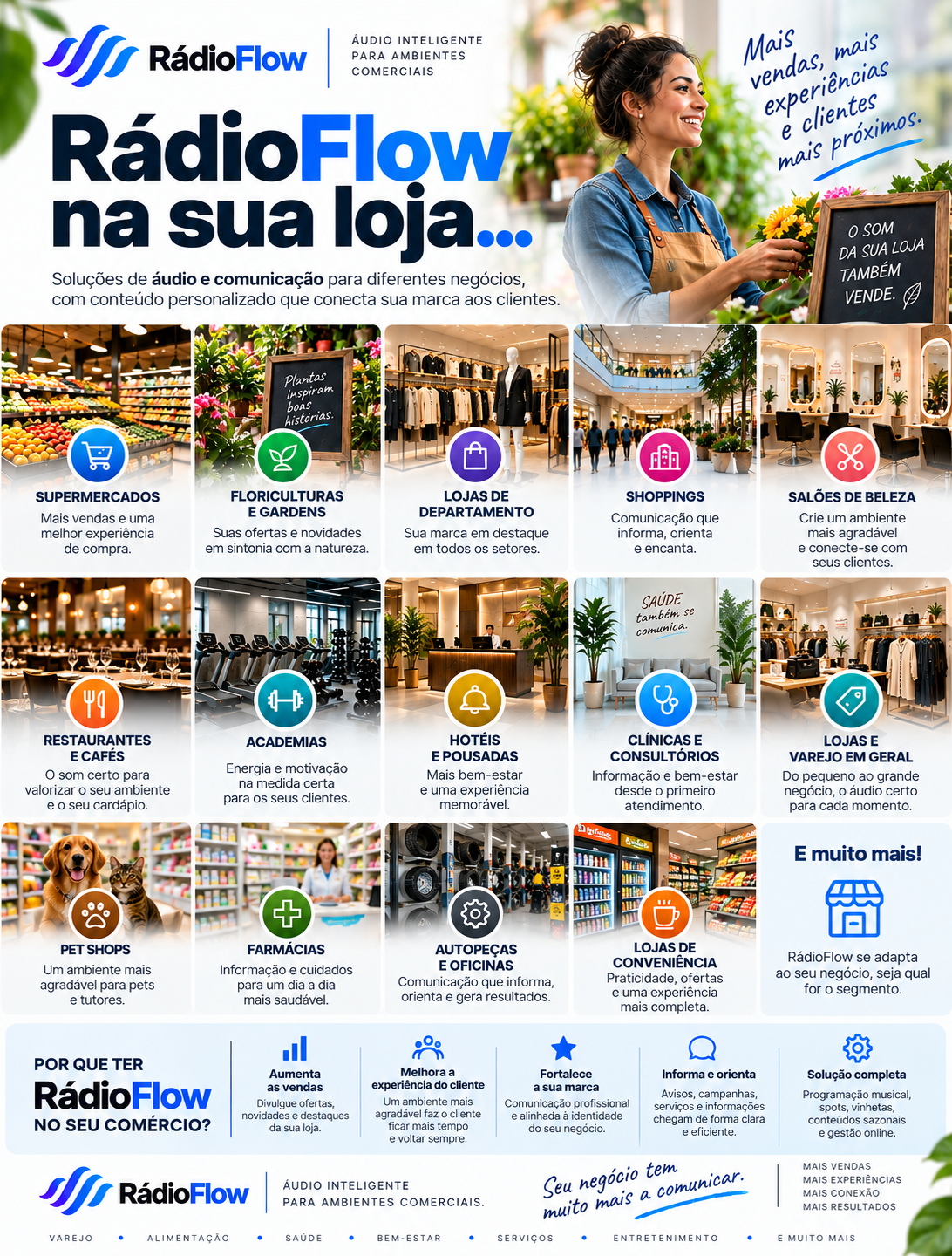 RádioFlow em diferentes ambientes comerciais
